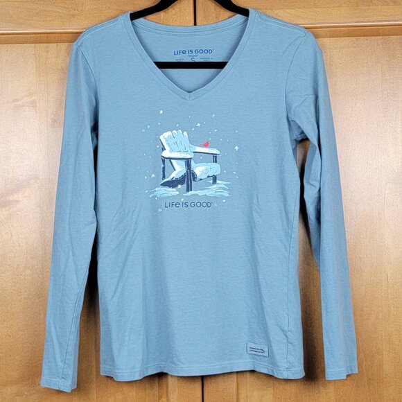 Blue Grey Snowy Adirondack Chair Cardinal Long Sleeve Crusher V-Neck Tee - S - Picture 1 of 7